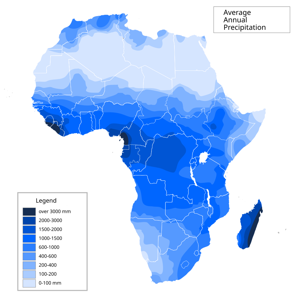 アフリカの年間降水量分布を示す地図