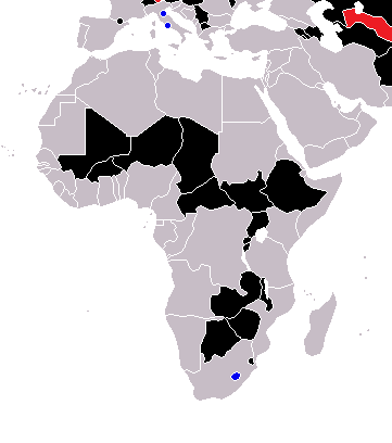 アフリカの内陸国を示す世界地図