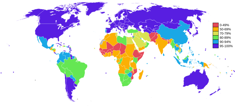 アフリカの識字率の地域差を示す世界地図